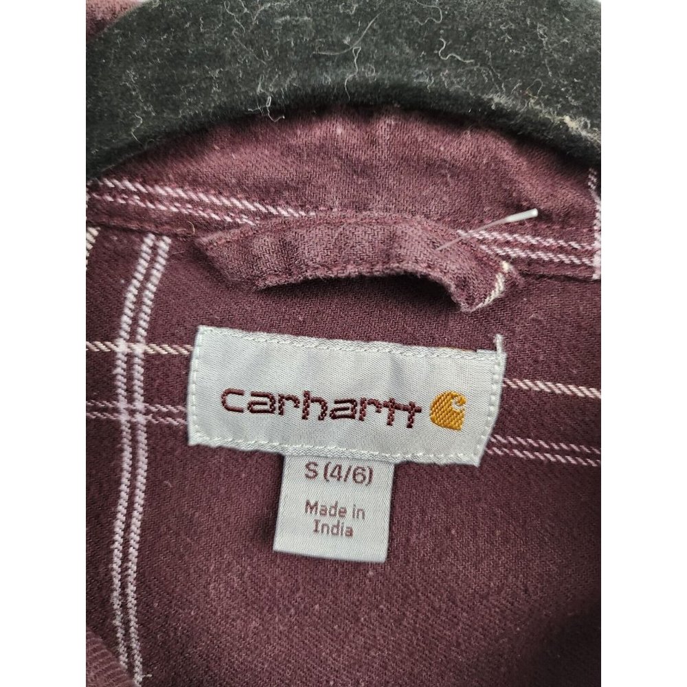 Carhartt Burgundy Check Long Sleeve Button Up Flannel Shirt Size Small - Picture 3 of 7